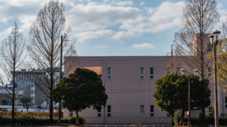 ピンクの建物と駐車場
